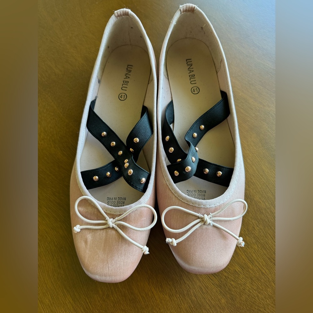 Pink satin ballet flats with bow & studded straps